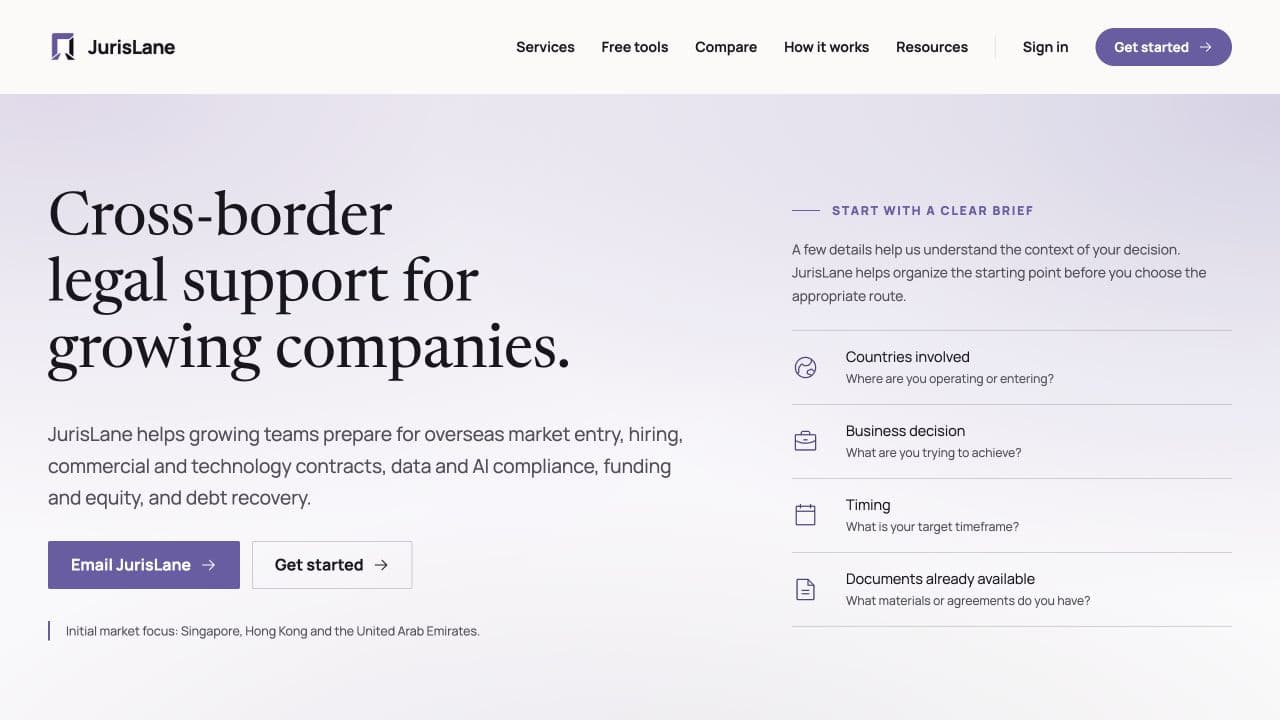 JurisLane screenshot: AI-native legal support for cross-border expansion