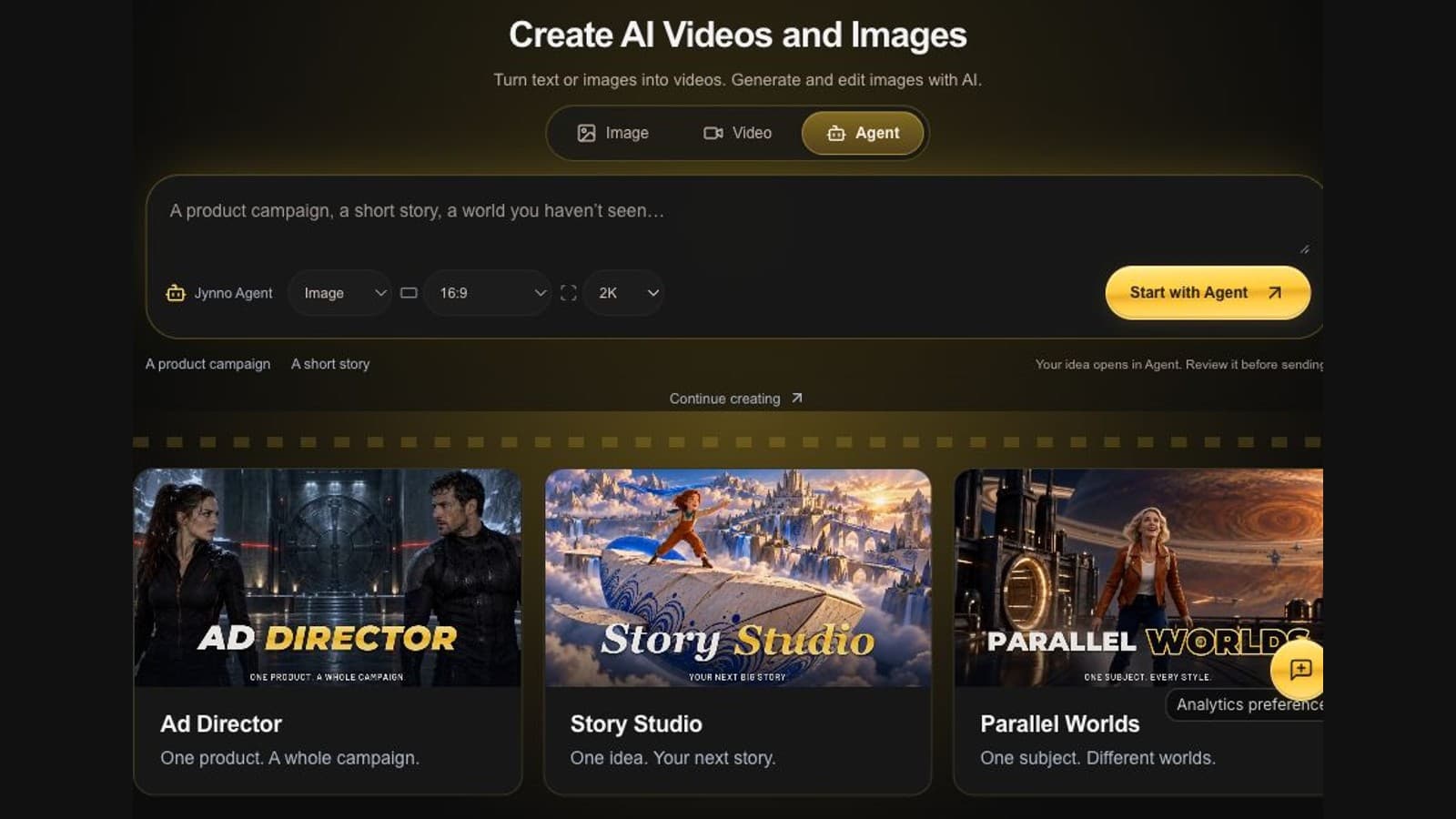 Jynno screenshot: AI creative studio for images, videos, product ads and stories.