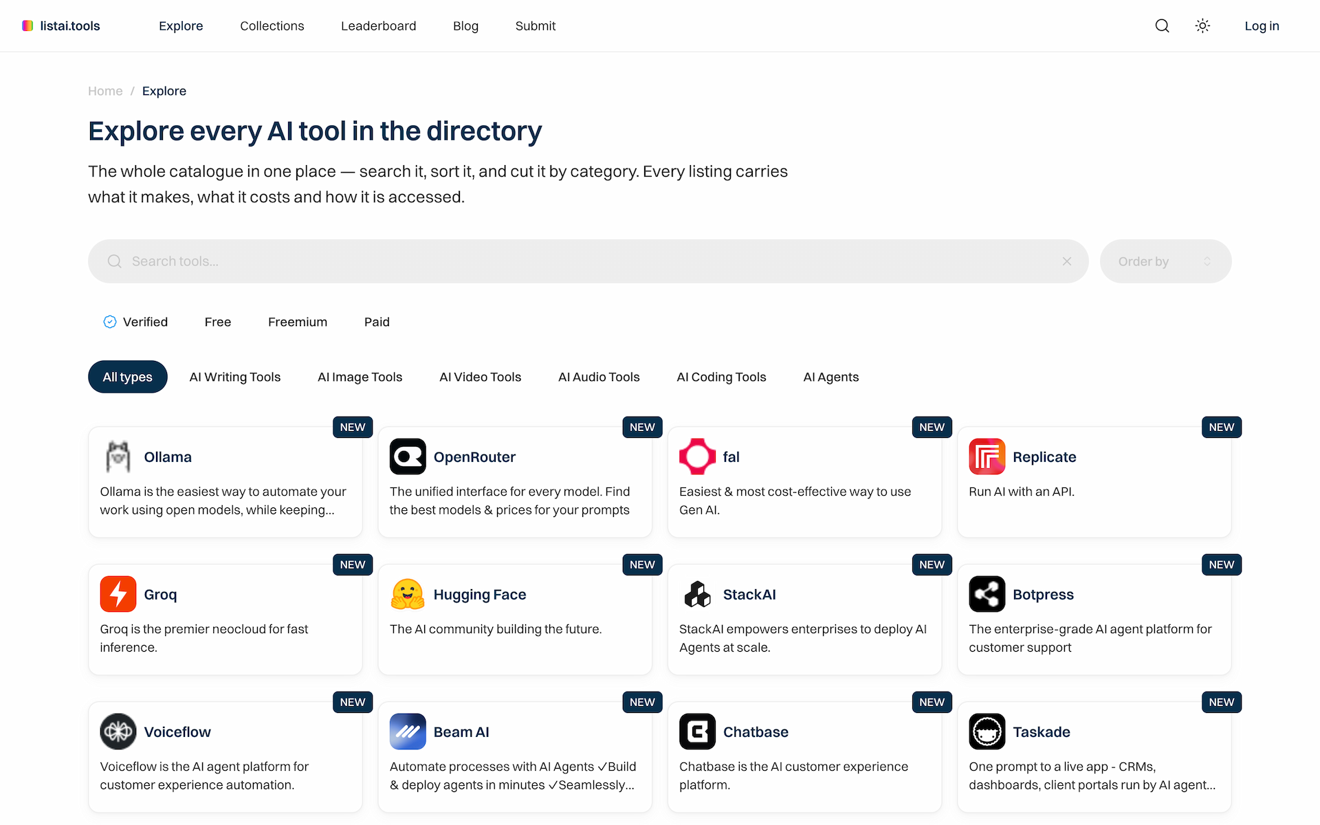 listai.tools screenshot: Every AI tool, filed by what it actually makes