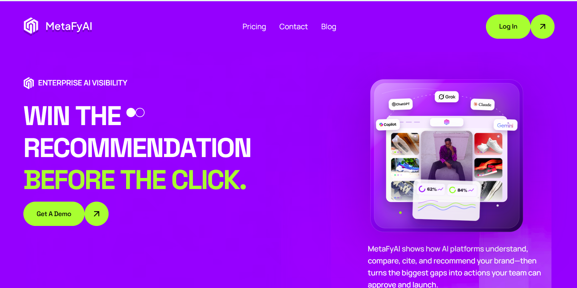 MetaFyAI screenshot: MetaFyAI tracks brand and product visibility across AI search platforms