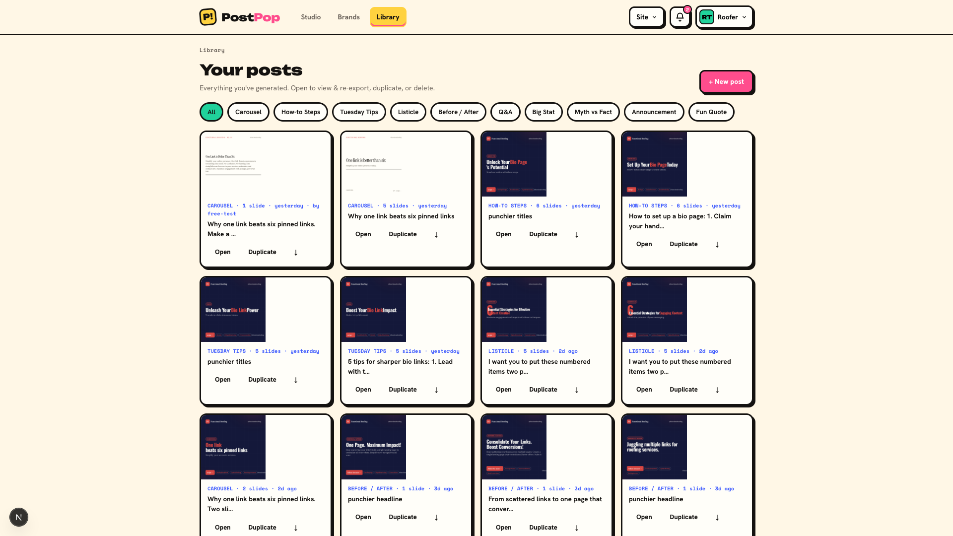 PostPop screenshot: AI social posts on your brand: paste your website, type a topic