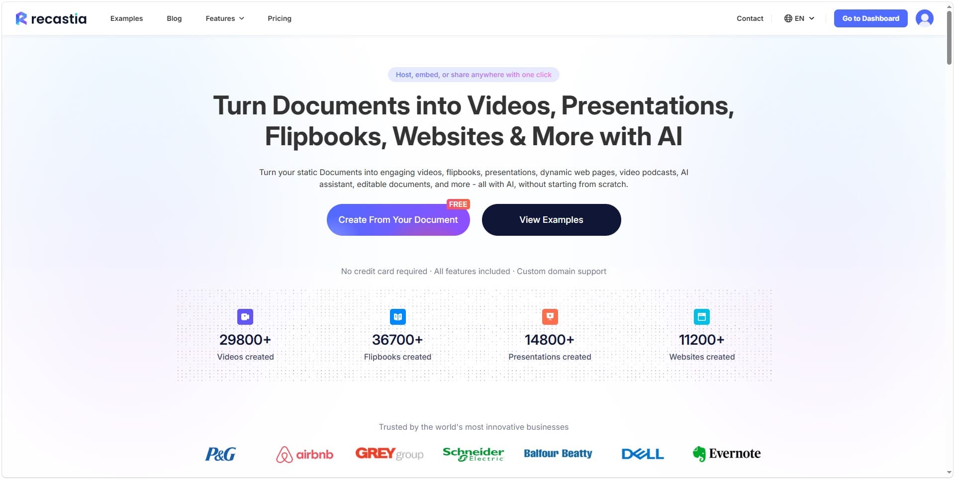 Recastia screenshot: Turn PDFs into AI videos, presentations, flipbooks, landing pages, and chatbots.