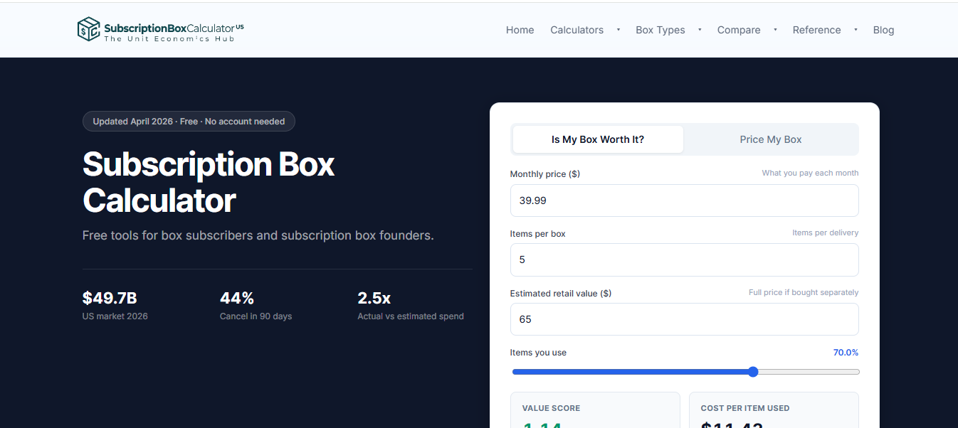 Subscription Box Calculator screenshot: Free subscription box calculator