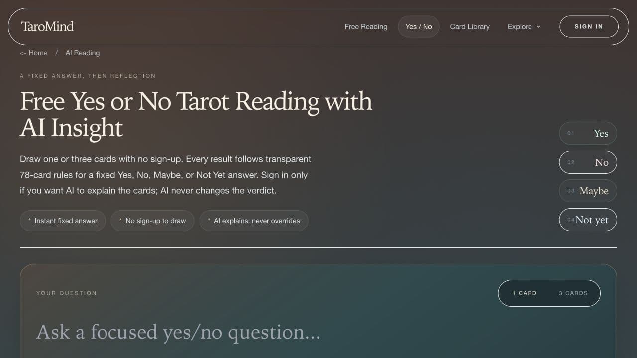 TaroMind Yes or No Tarot screenshot: Free tarot answers with optional AI explanations that respect the fixed result