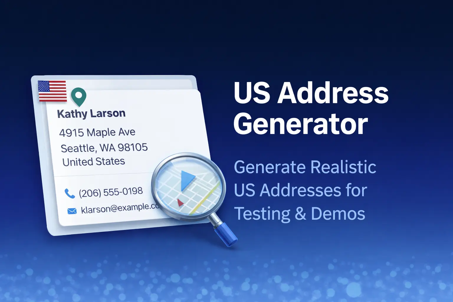 US Address Generator screenshot: Generate a random US address with street, city, ZIP, and a phone number. Free, no signup.