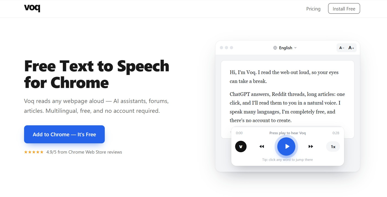 Voq screenshot: Free text to speech for Chrome: listen to any webpage in a natural AI voice.