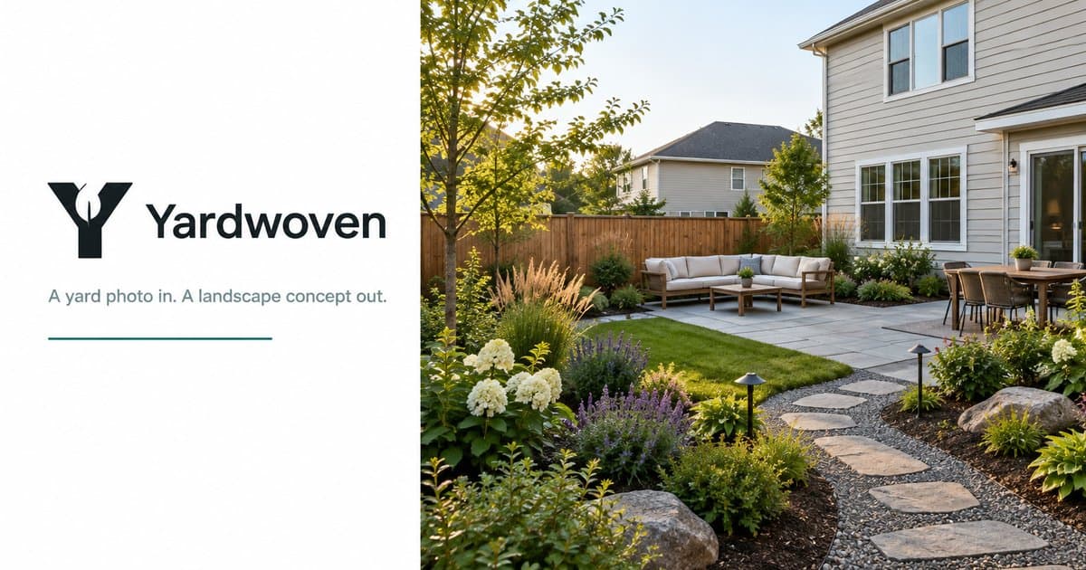 Yardwoven screenshot: Upload a photo of your yard, pick a style, and generate a landscape concept you