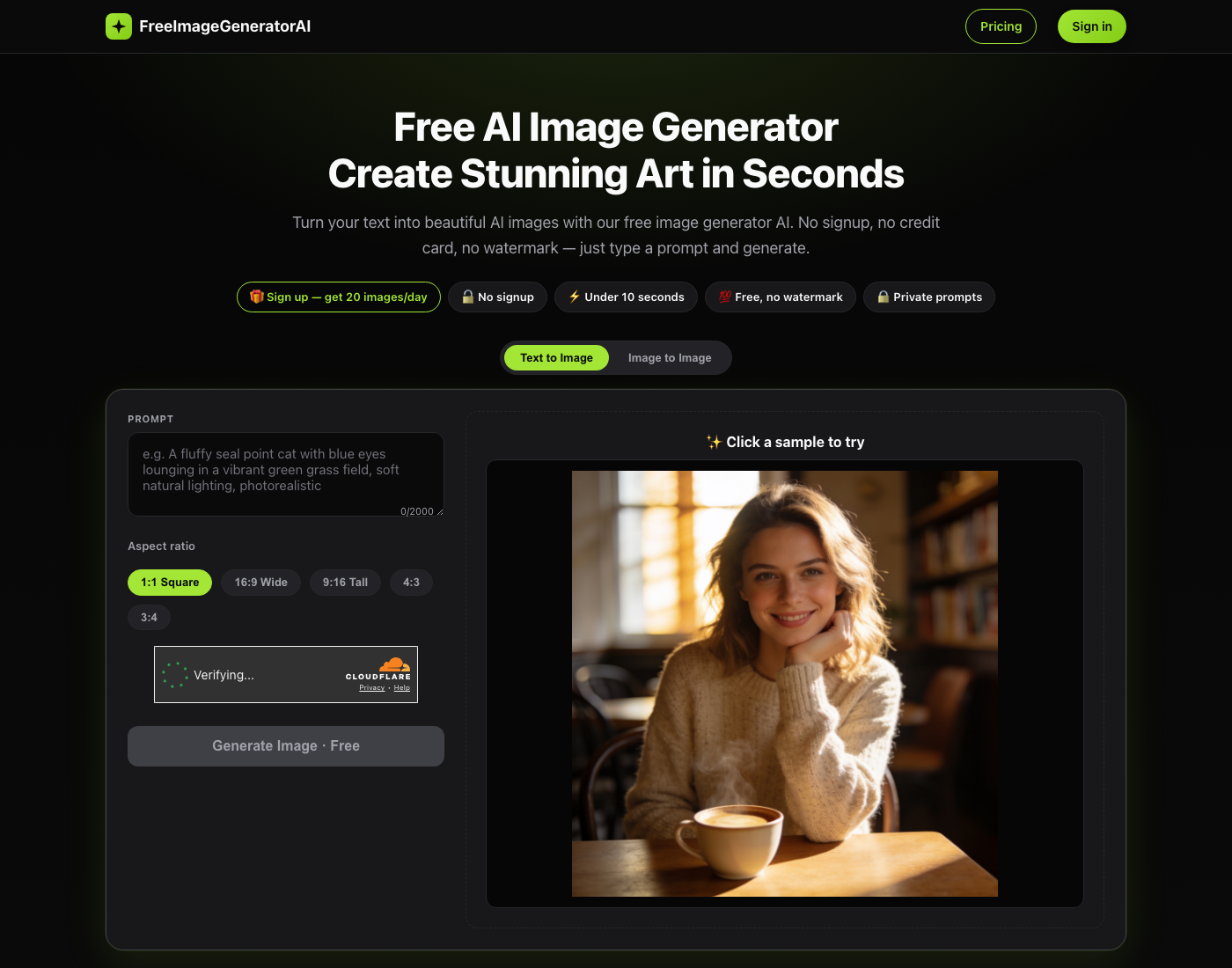 FreeImageGeneratorAI screenshot: FreeImageGeneratorAI is a free, browser-based AI image generator that turns text prompts...