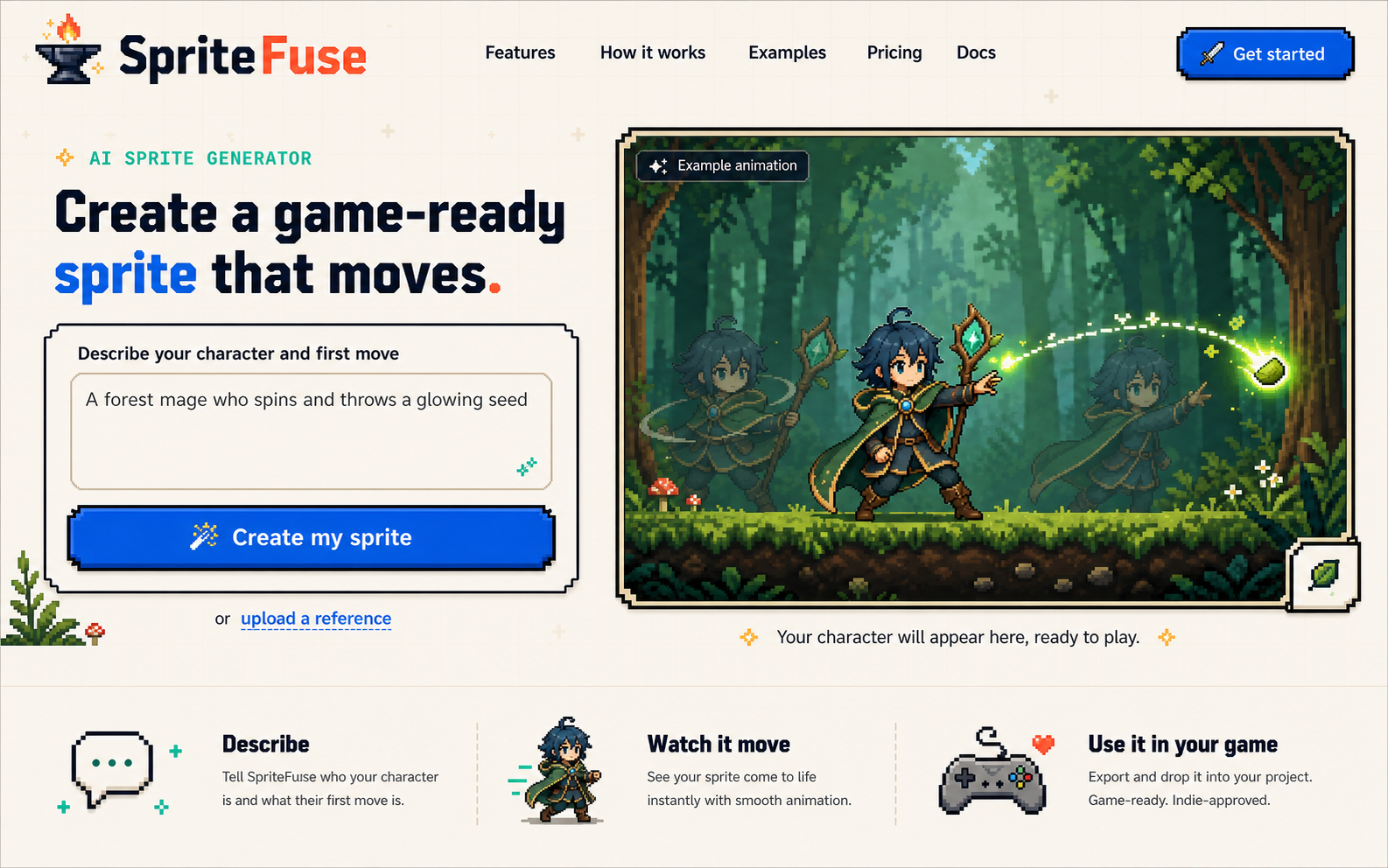 SpriteFuse screenshot: AI sprite generator for 2D game animations