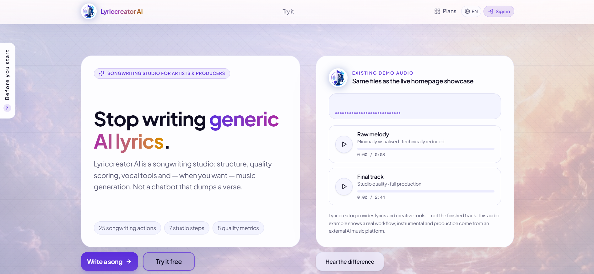 LyricCreatorAI screenshot: AI songwriting studio for creating, refining, and analyzing lyrics and complete songs.