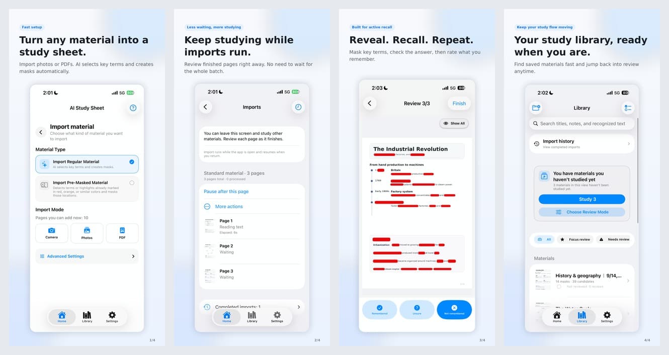 AI Study Sheet screenshot: Study from your own textbooks, notes and PDFs with adjustable AI masks on iPhone and iPad.