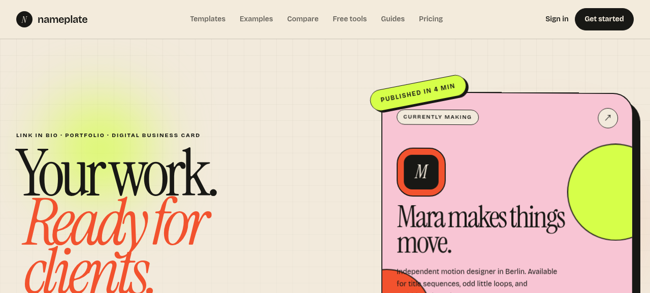 Nameplate screenshot: Your work, ready for clients.