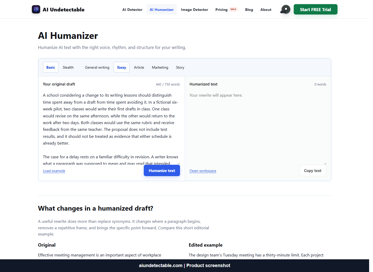 AI Undetectable screenshot: AI rewriter and humanizer with Basic and Stealth modes for different kinds of writing