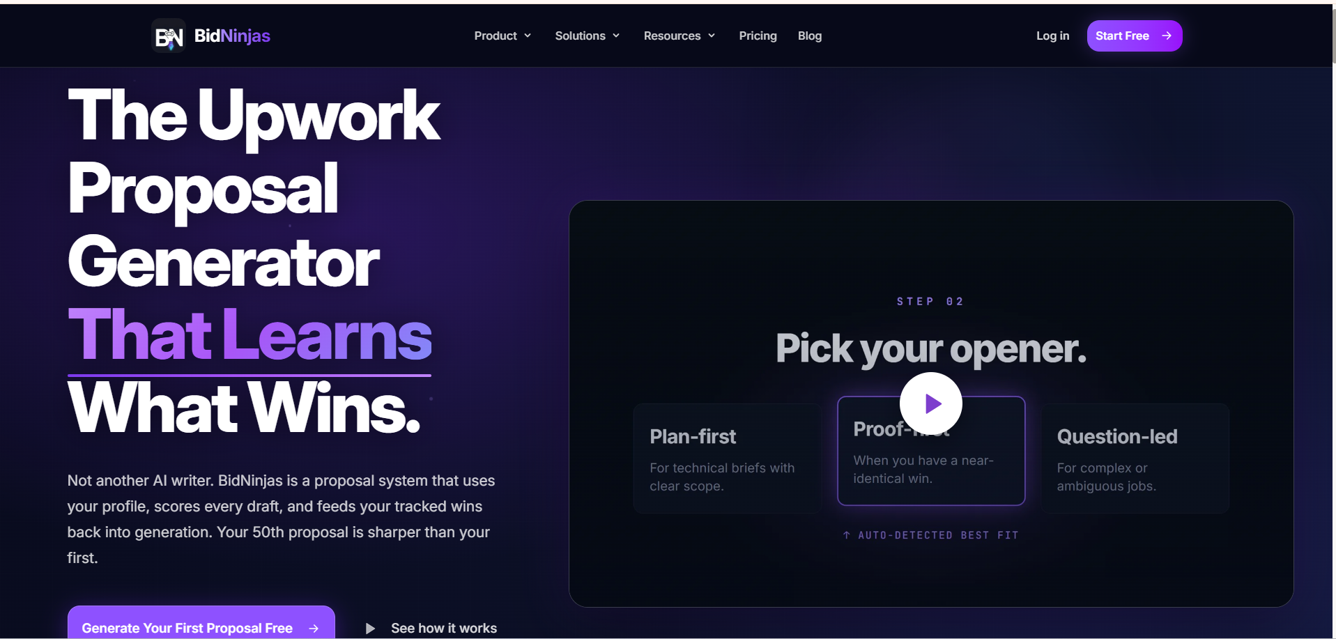 BidNinjas.ai screenshot: AI-powered Upwork proposal generator that helps freelancers write winning proposals faster.