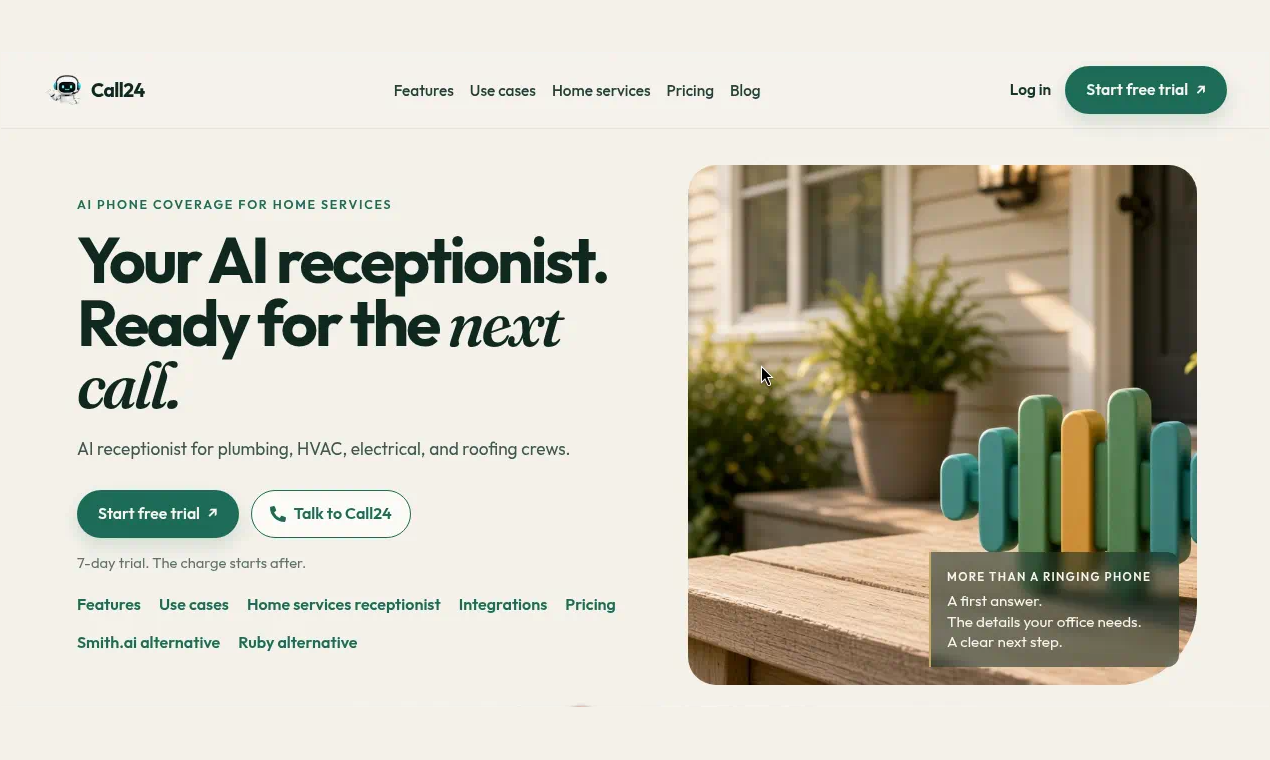 Call24 screenshot: AI receptionist that answers every HVAC & plumbing call.