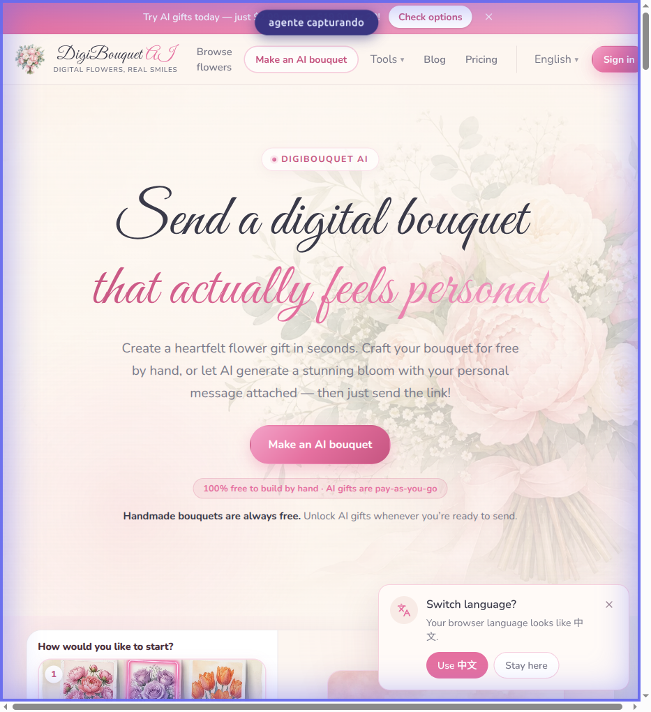 DigiBouquet AI screenshot: Send digital flowers and custom note cards for celebrations and holidays