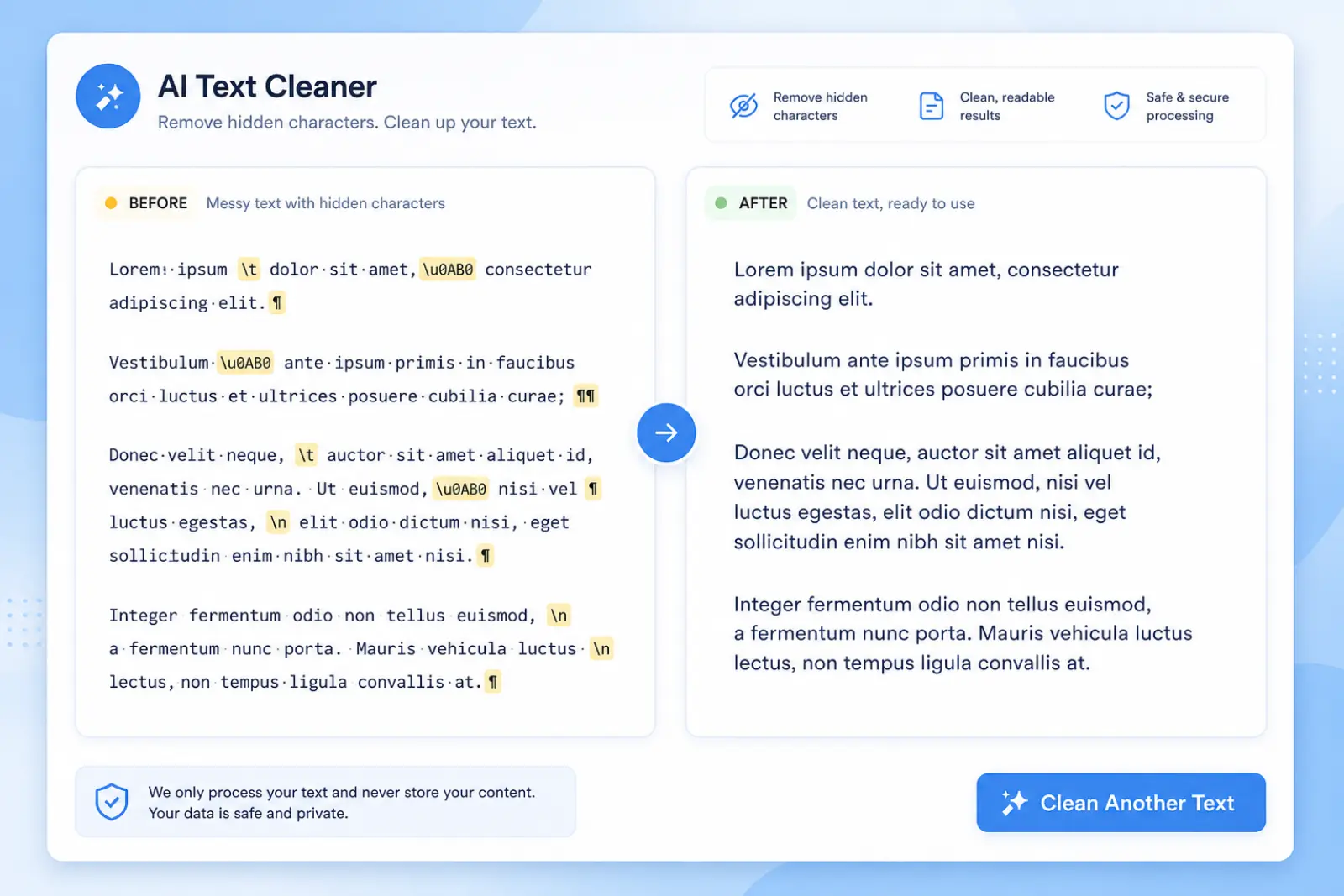 AI Text Watermark Remover screenshot: Browser-based text cleanup utility for invisible Unicode and Markdown syntax