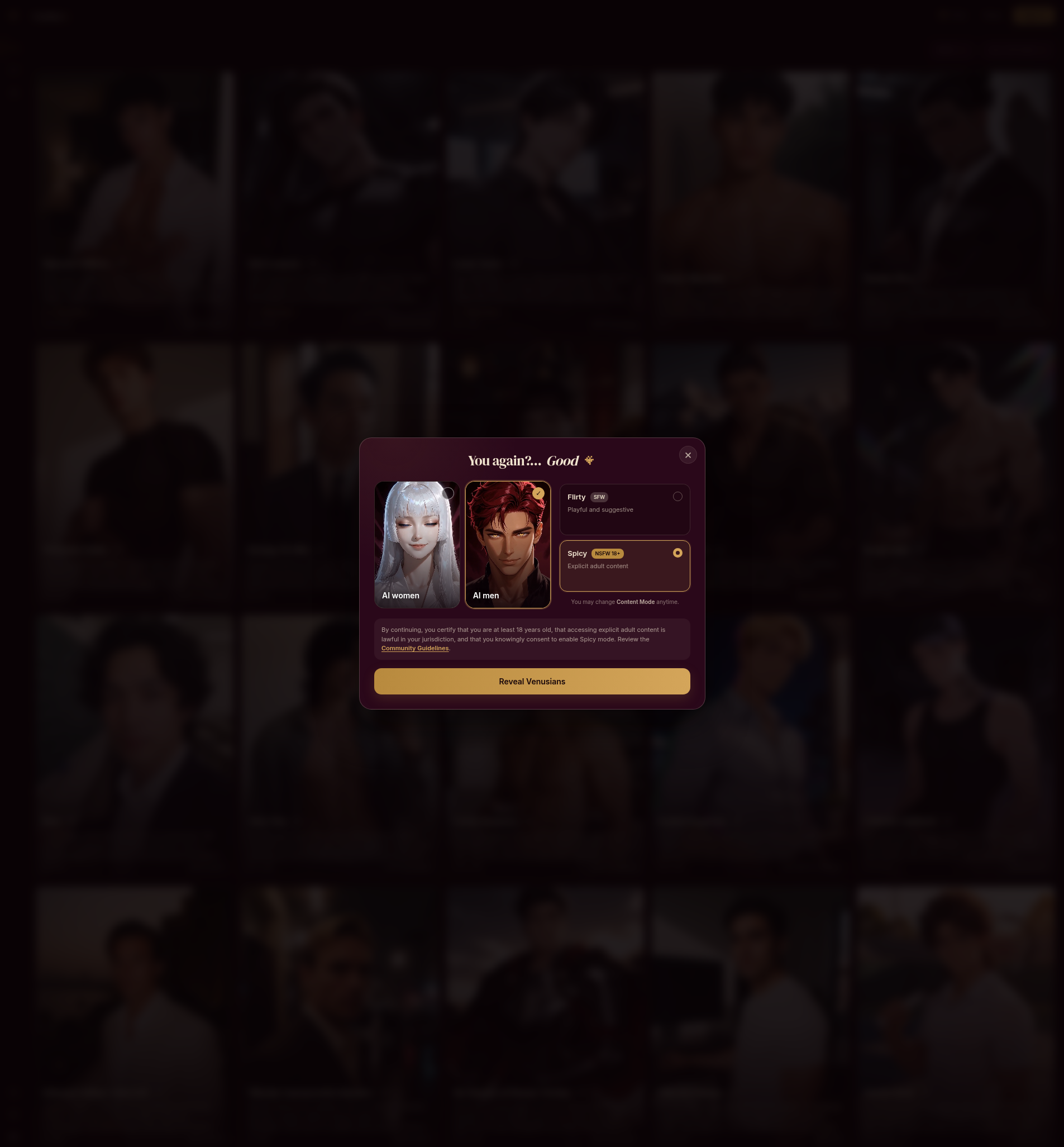 VenusX screenshot: Adult AI roleplay with custom fictional characters and image and video generation.