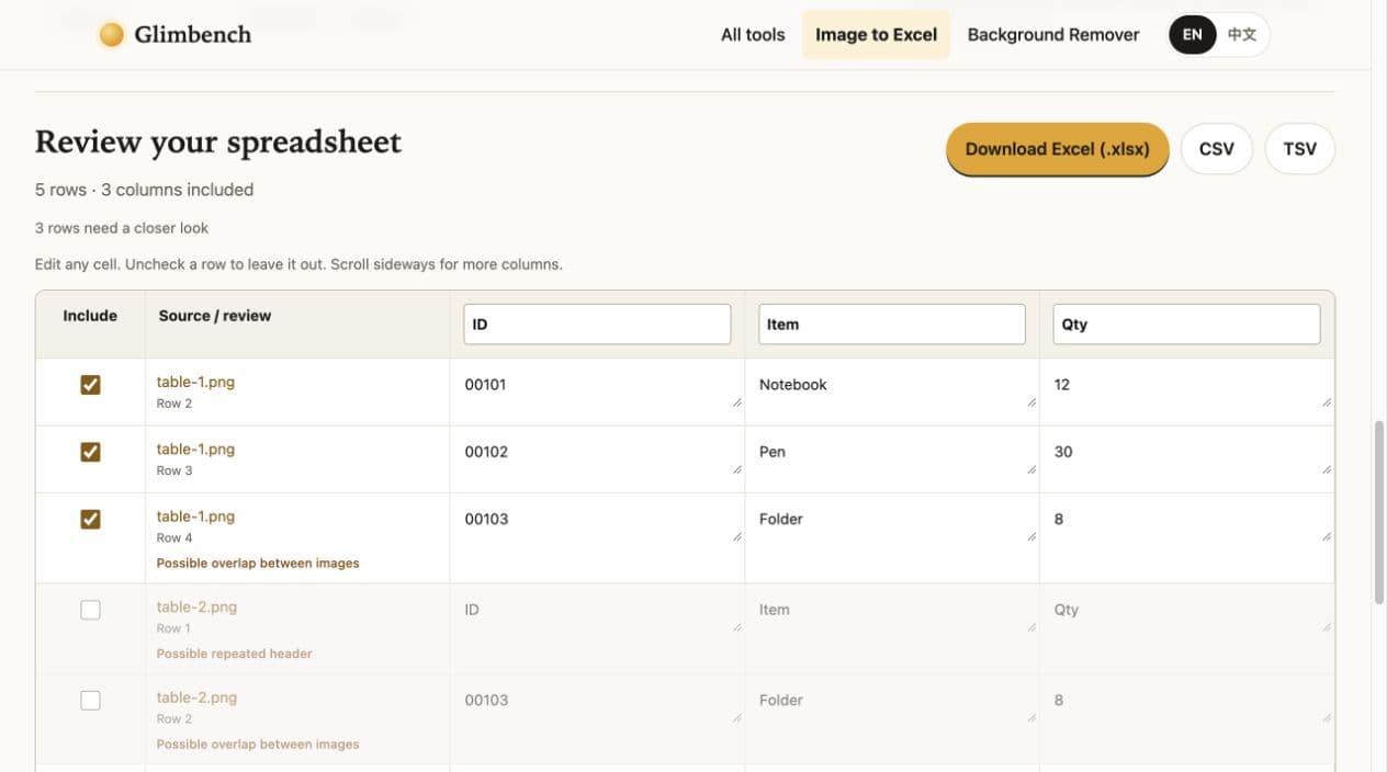 Glimbench screenshot: Private, no-sign-up tools for images and spreadsheets