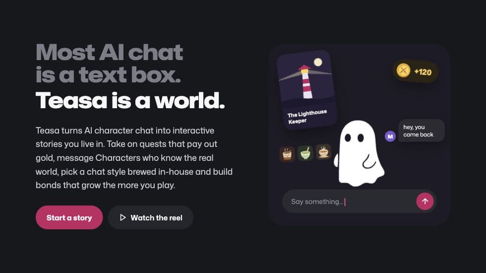 Teasa screenshot: AI character chat and interactive Stories shaped by you