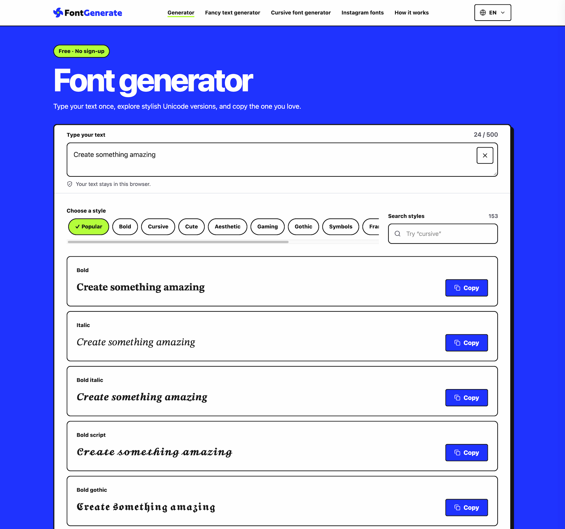 FontGenerate screenshot: Stylish Font Generator: 150+ Stylish Fonts to Copy & Paste (Free)