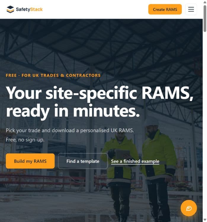 SafetyStack screenshot: Free UK health and safety document builder with PDF exports and optional AI review