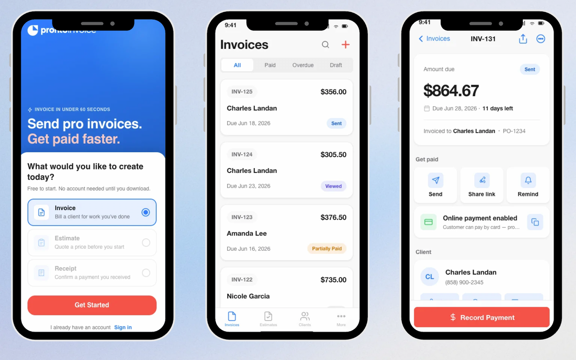 Pronto Invoice screenshot: Invoice, quote, and send receipts from your phone in 5 steps. No pricing games.