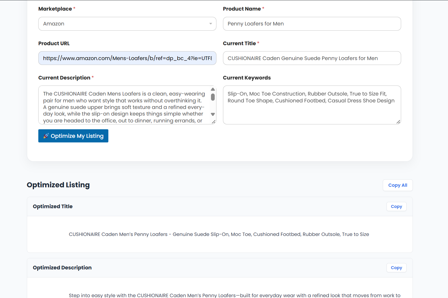 Listomize screenshot: AI-powered product listing optimization for eCommerce sellers.