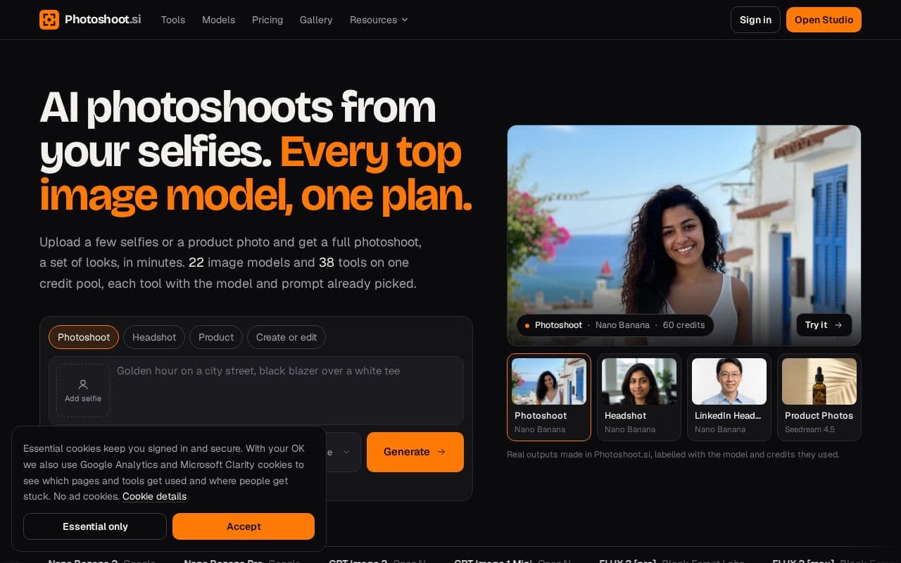 Photoshoot.si screenshot: AI photoshoots from your selfies