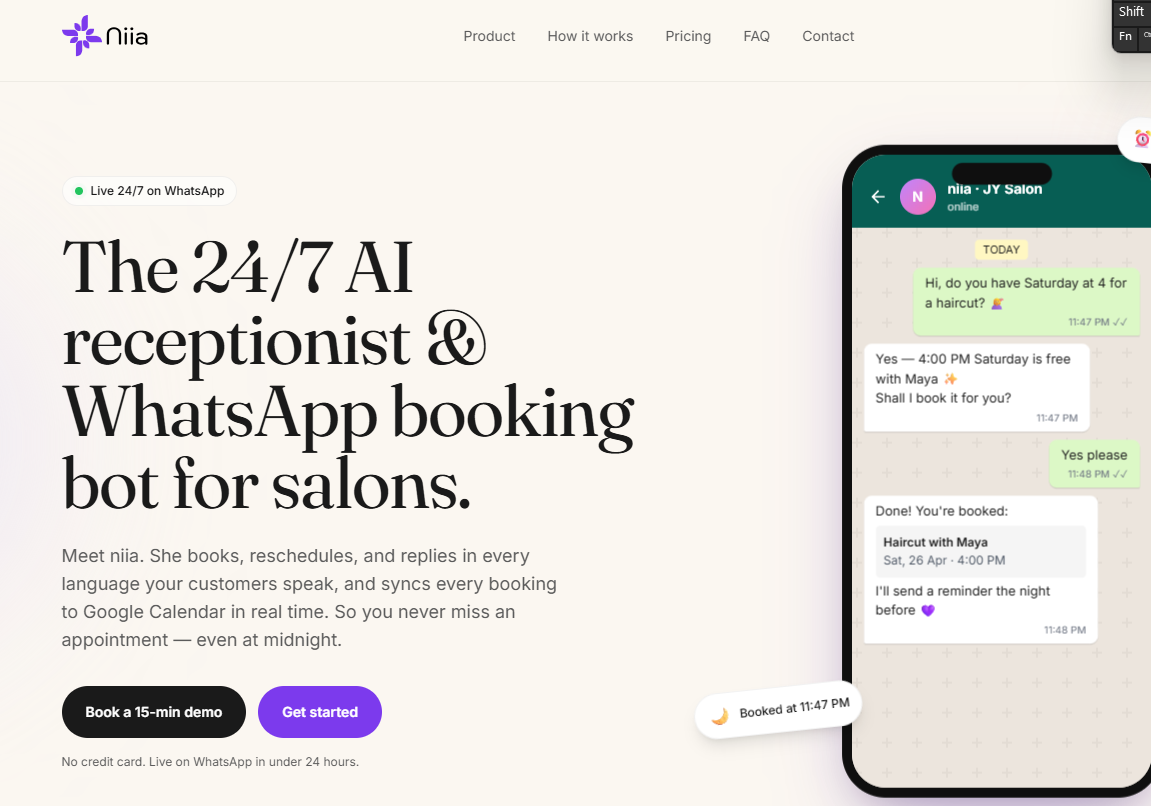 niia screenshot: 24/7 AI Receptionist & WhatsApp Booking Bot for Salons