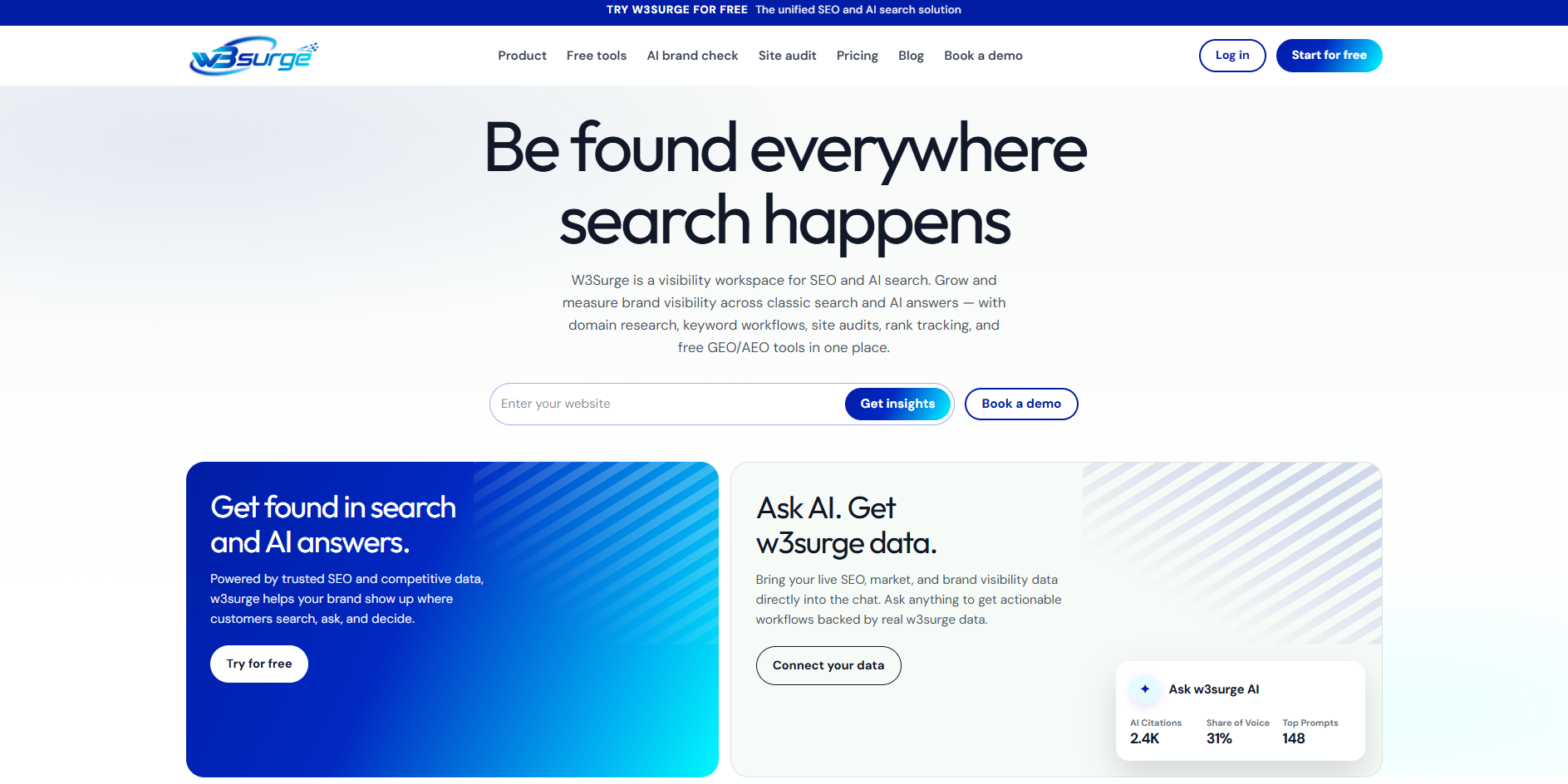 W3Surge screenshot: SEO, AEO & GEO Tools for AI Search Visibility