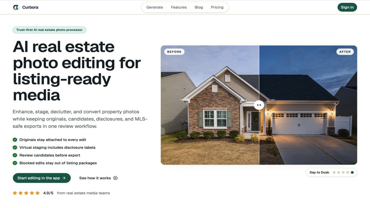 Curbora screenshot: Trust-first AI real estate photo editing for listing-ready media