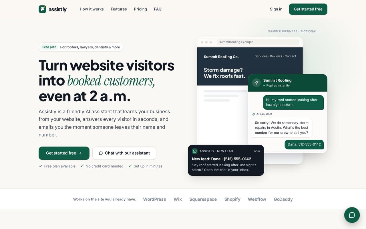 Assistly screenshot: An AI receptionist on your website that answers visitors 24/7 and captures every lead.