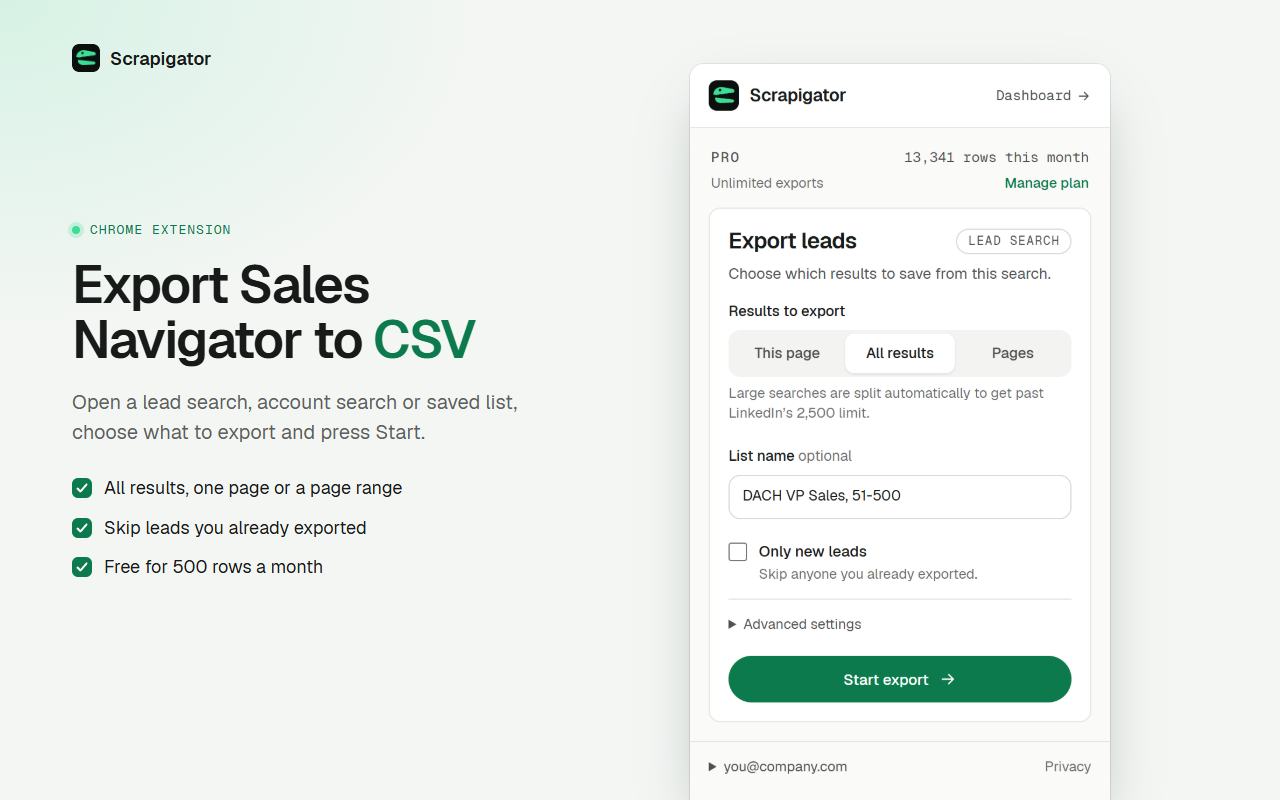 Scrapigator screenshot: Export your Sales Navigator search to CSV or JSON