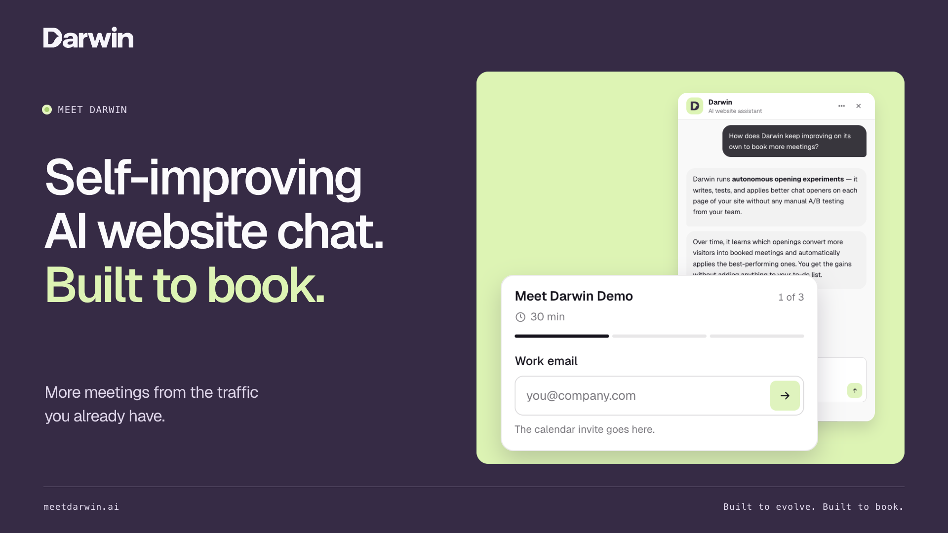 Darwin screenshot: Self-improving AI website chat that books more meetings.