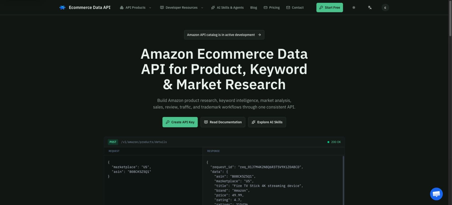 Ecommerce Data API screenshot: Amazon research data APIs for developers and AI agents