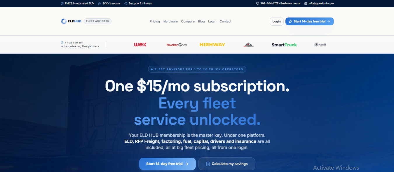 ELD HUB screenshot: One platform for small fleets. $15 per truck monthly.