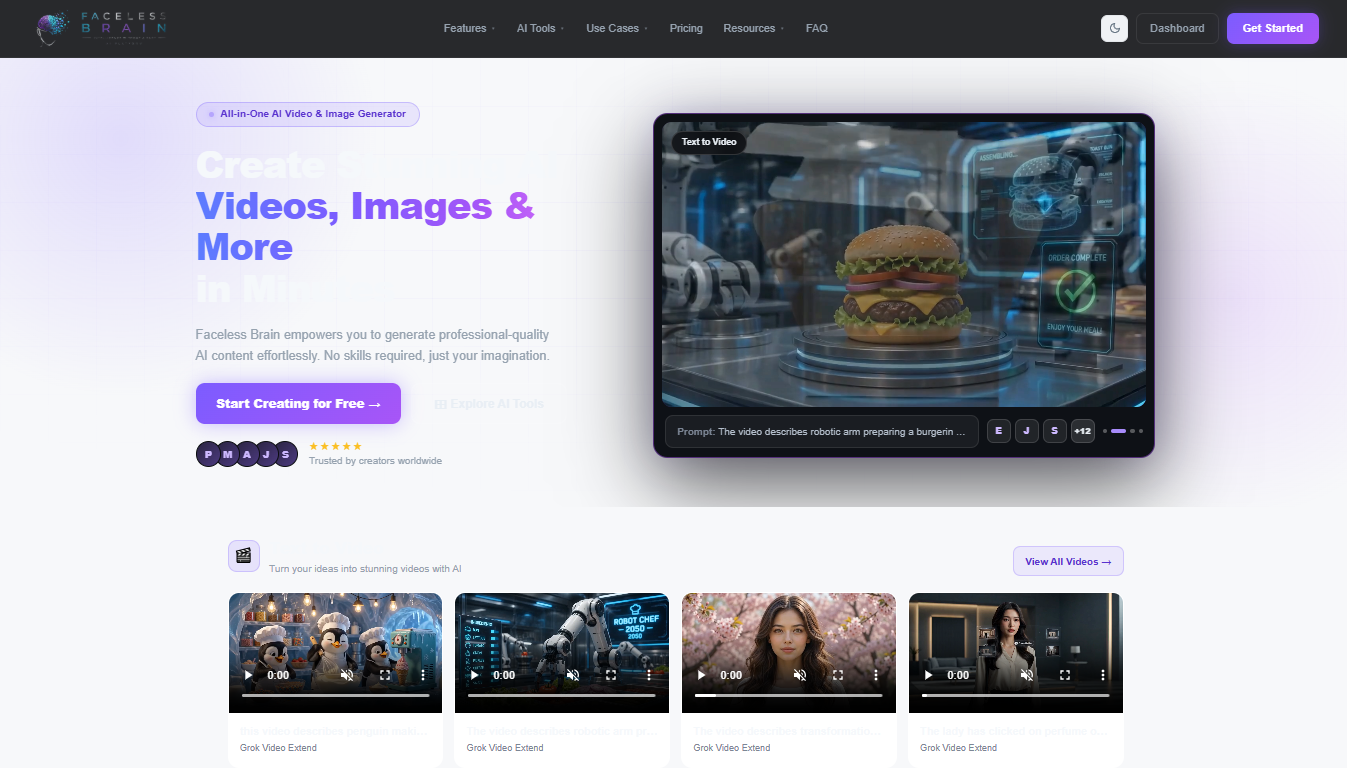 Faceless Brain screenshot: One Platform for Your AI-Powered Creativity
