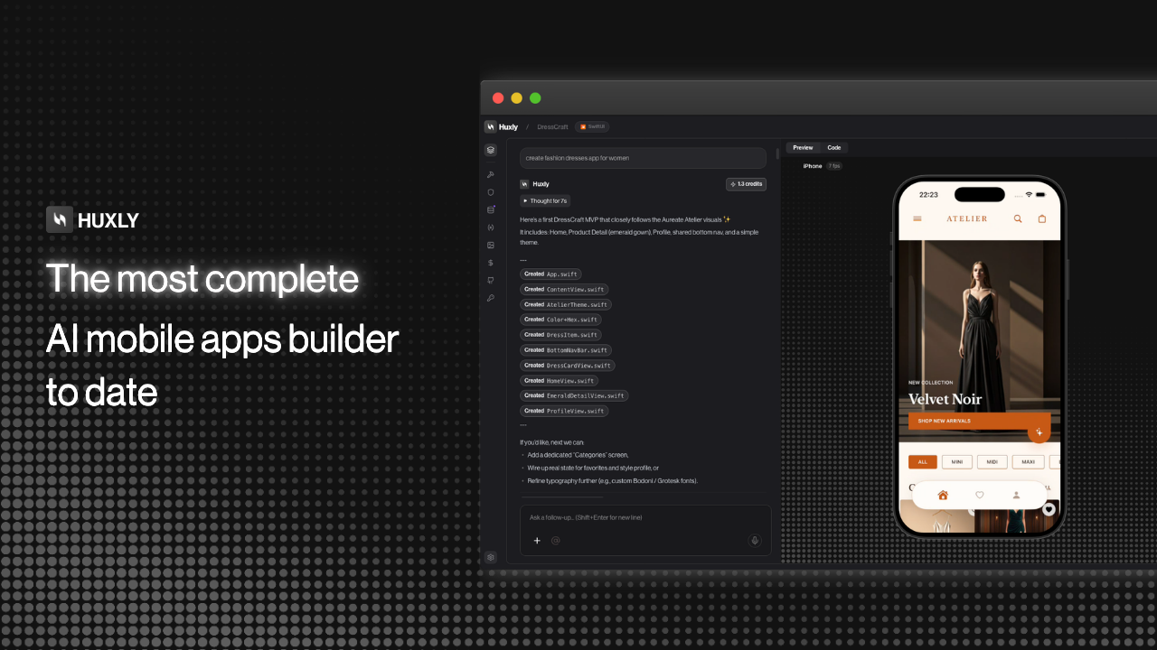 Huxly screenshot: Ship real mobile apps from a prompt.