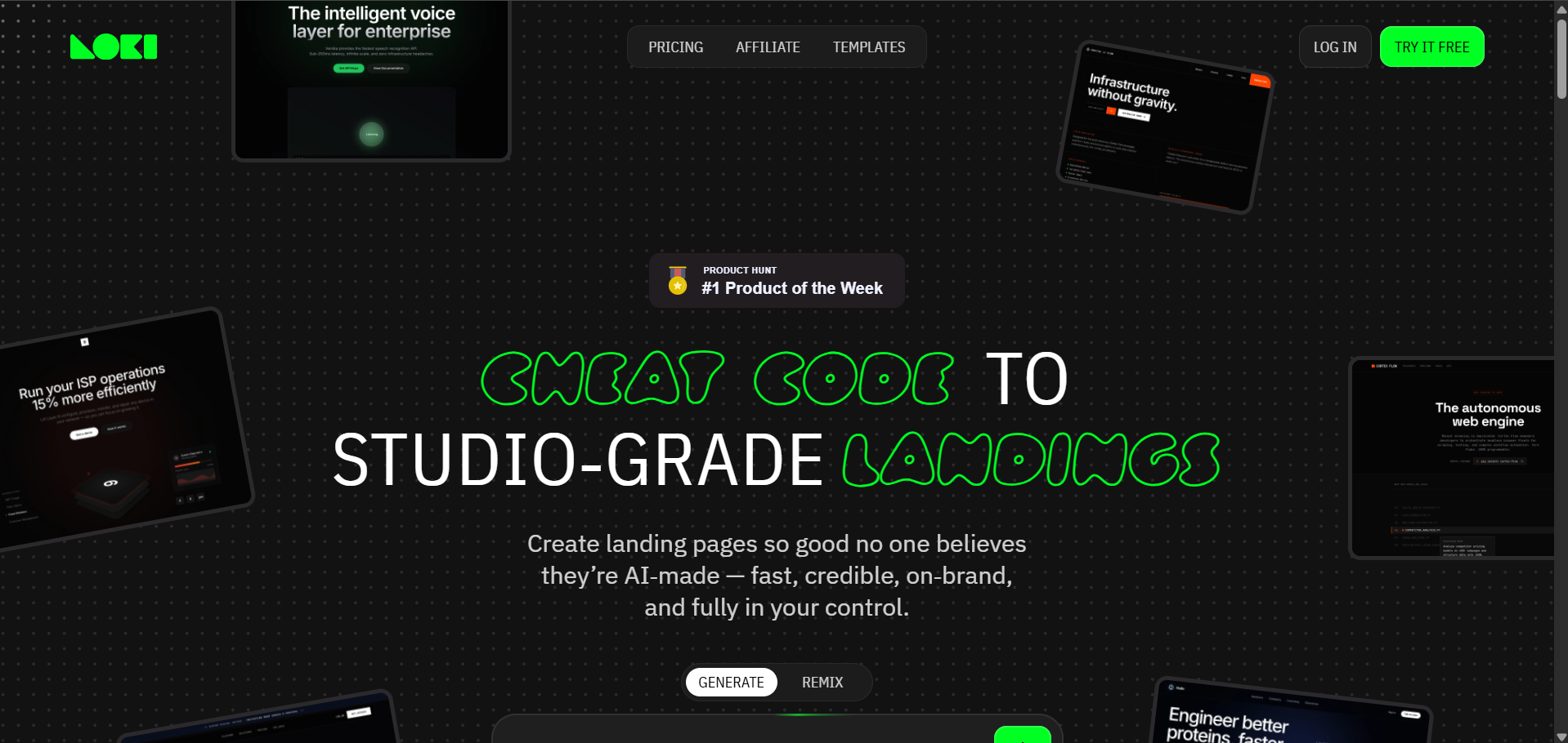 Loki.Build screenshot: Describe your page and AI ships a studio-grade landing page in minutes