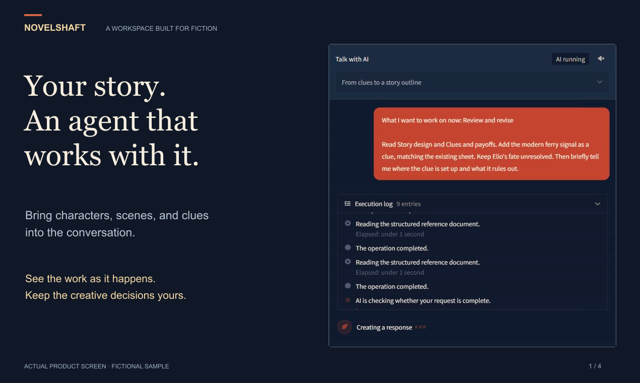 NovelShaft screenshot: Write fiction with story templates and an AI agent that knows your notes