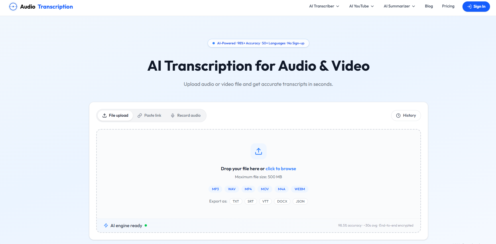 Transcribe Audio to Text with AI screenshot: Transcribe Audio to Text with AI for Free | AudioTranscription.io