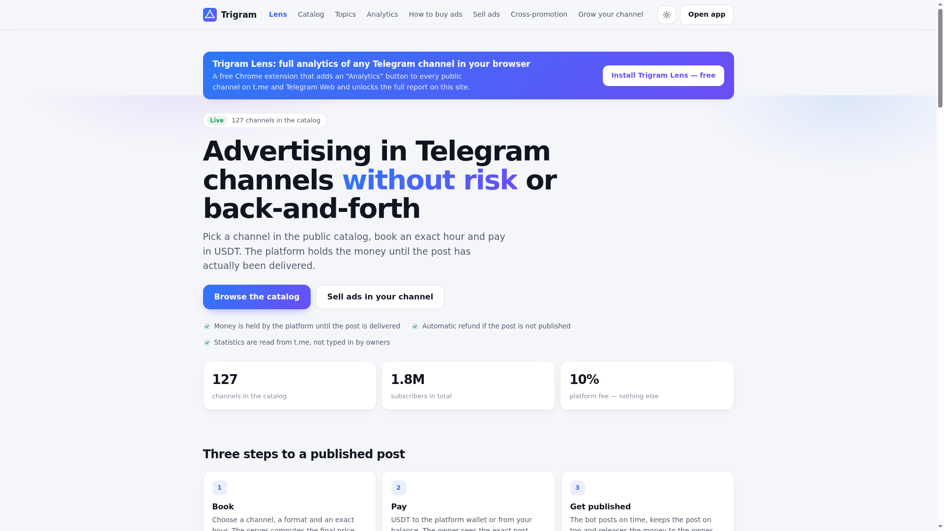 Trigram screenshot: Marketplace for native ads in Telegram channels โ book, pay in USDT, auto-publish