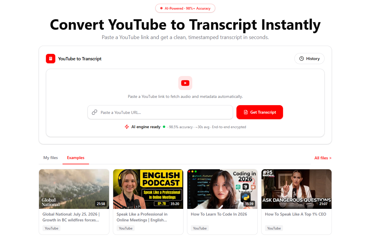 YouTube to Transcript AI screenshot: YouTube to Transcript with AI β Free Converter & AI Summary