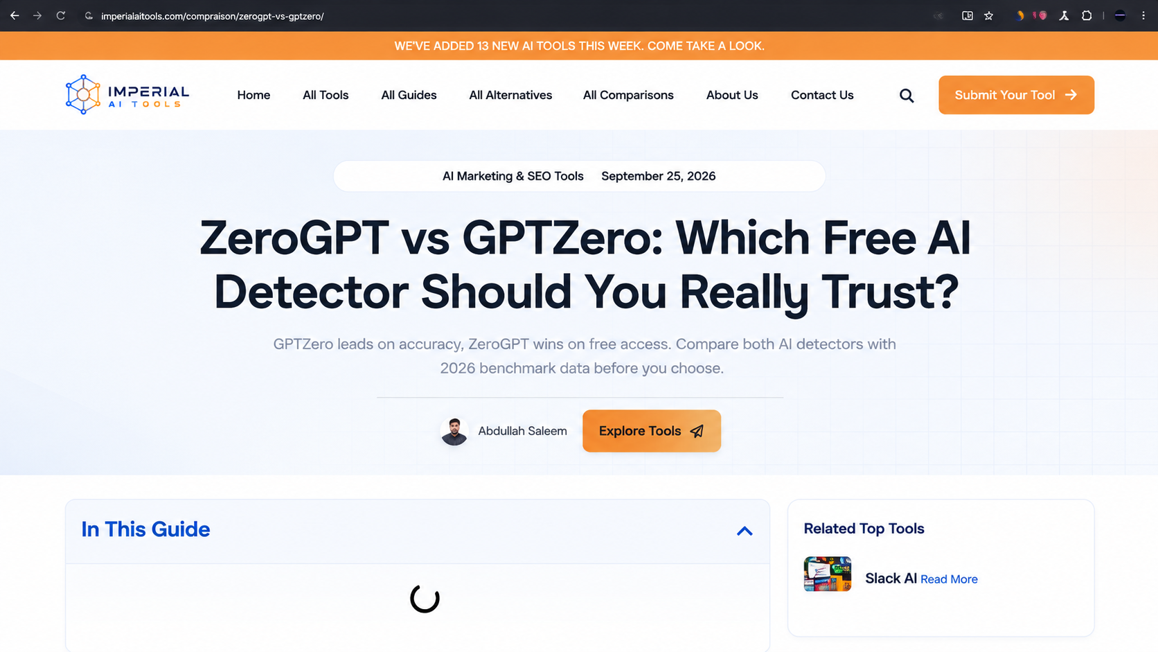 ZeroGPT vs GPTZero screenshot: Compare ZeroGPT and GPTZero AI detectors, features, accuracy, pricing, and use cases.