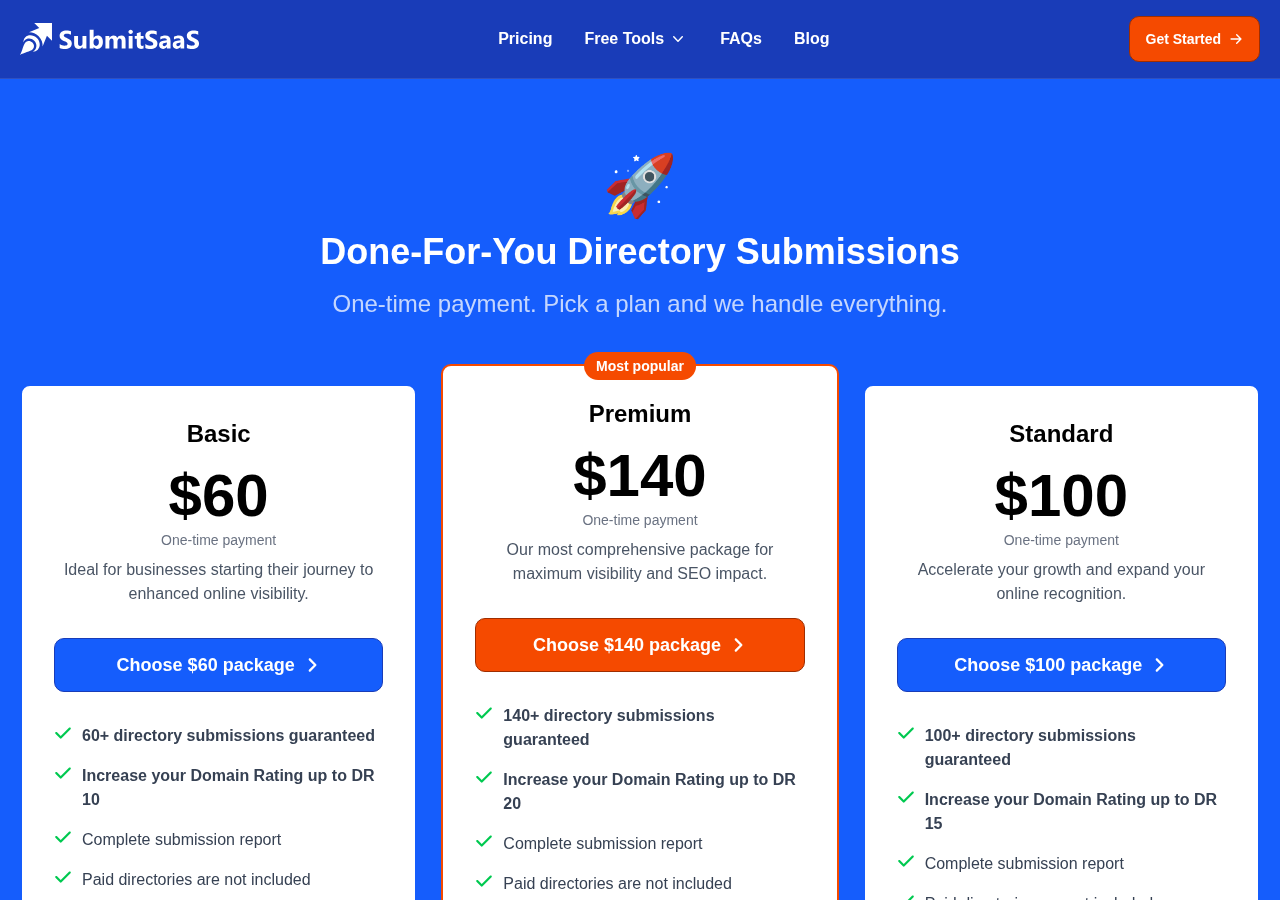 SubmitSaaS directory submission service homepage with its public directory list and $60, $100 and $140 one-time plans, captured 5 October 2026