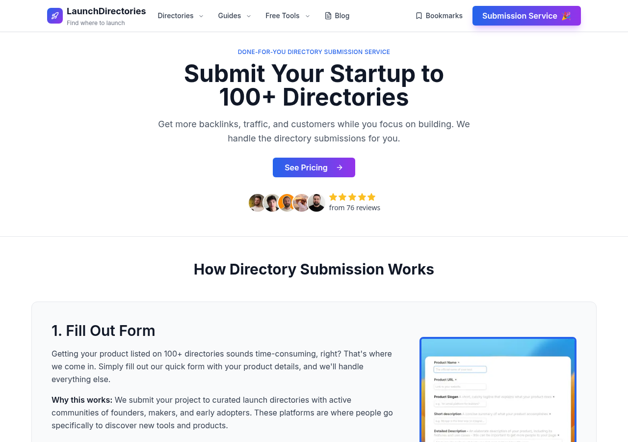 LaunchDirectories submit page offering manual startup directory submission to 100+ directories, captured 5 October 2026