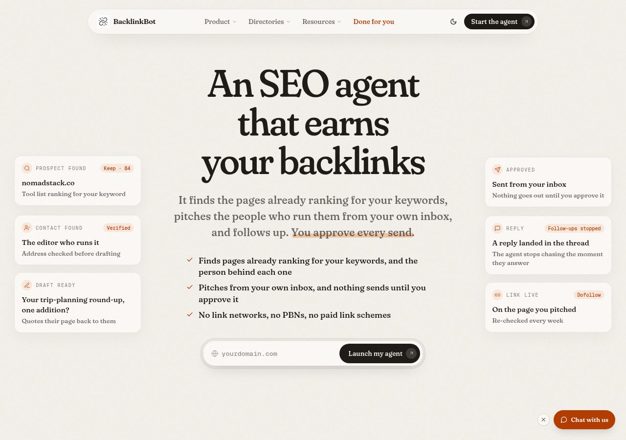 BacklinkBot homepage showing its SEO outreach agent and the link to its free public database of 1,287 directories, captured 5 October 2026