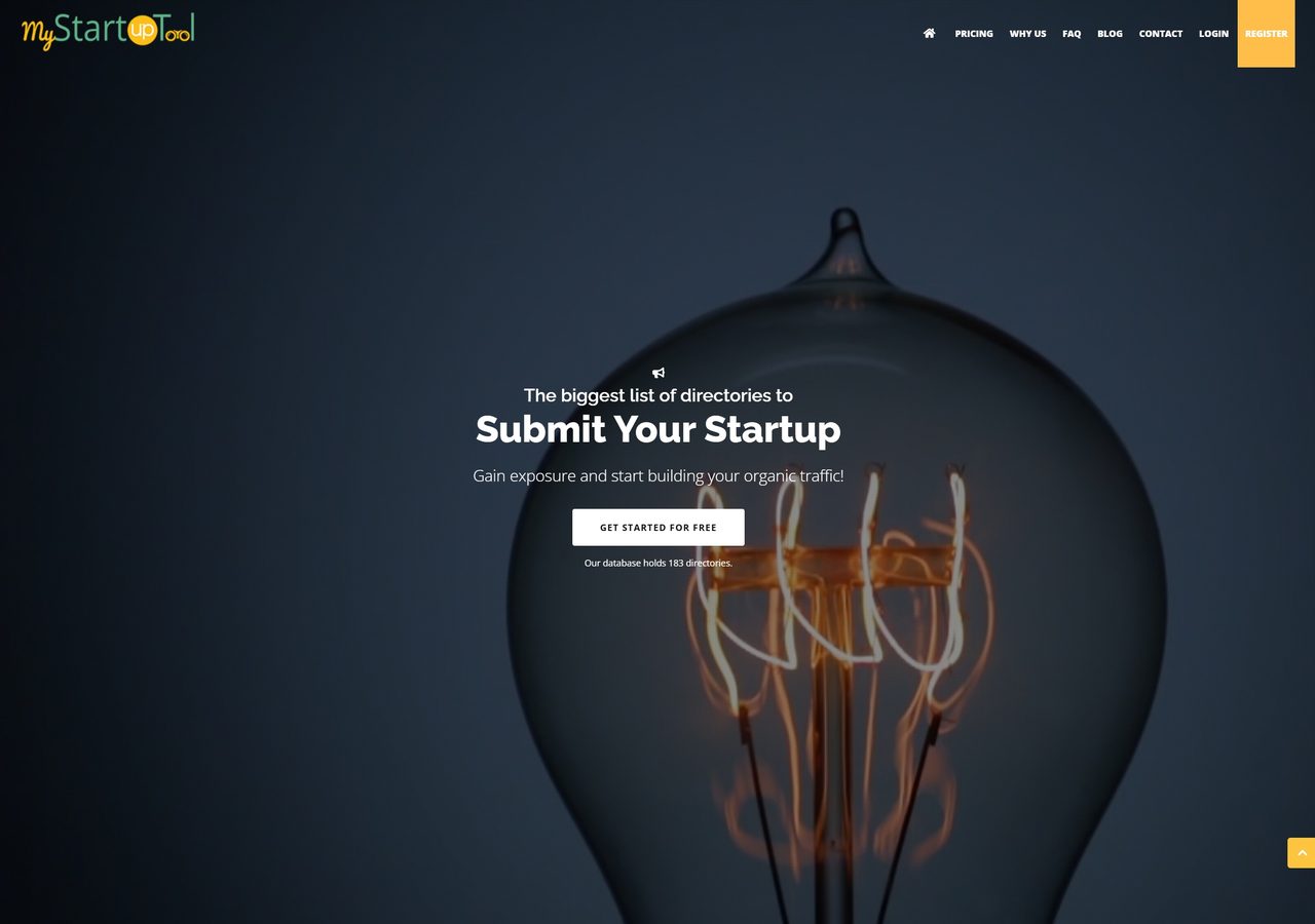 myStartupTool startup directory submission homepage stating its database holds 183 directories, captured 5 October 2026