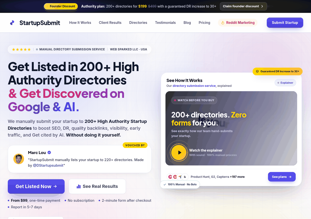 StartupSubmit directory submission service homepage with the Authority plan banner, 200+ directories at $199 struck from $499 with a DR 30+ guarantee, captured 5 October 2026